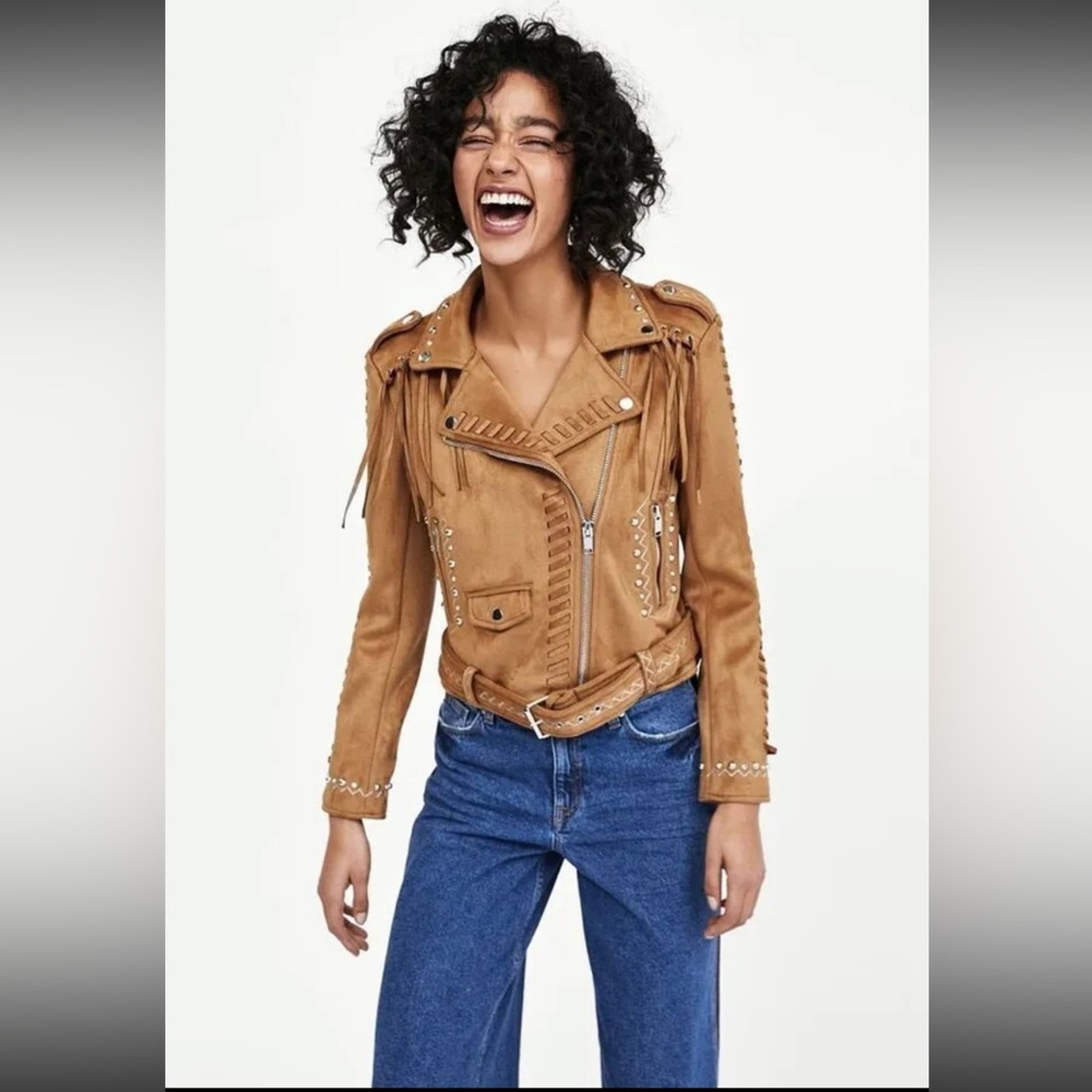 Zara Southwestern Style Suede Biker Jacket without Fringe & Stud Detail in Camel