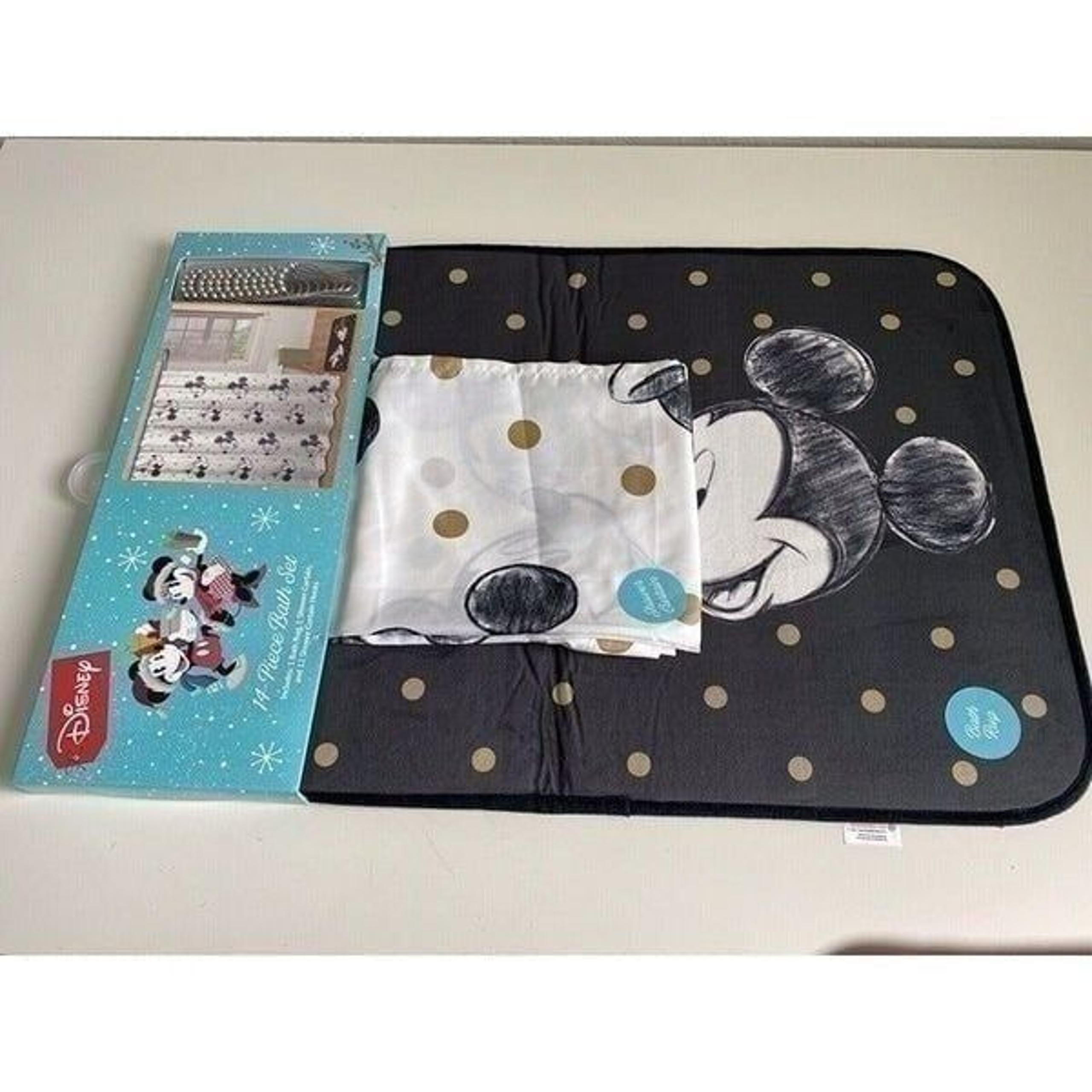 DISNEY MICKEY MINNIE MOUSE CHRISTMAS Holiday Shower Curtain Bath Mat Set 14 Pc