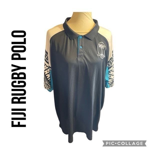 Fiji Rugby Official Polo Shirt Black White Tribal Sleeve Design Size 4XL NWOT