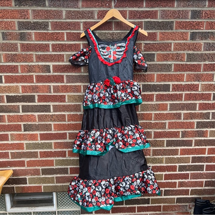 Girl’s Black and Red Skeleton Day of the Dead Cold Shoulder Hoop Layered Dress