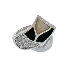 Vintage Sterling Silver Mother Of Pearl Onyx Inlay Cubic Zirconia Ring Size 8