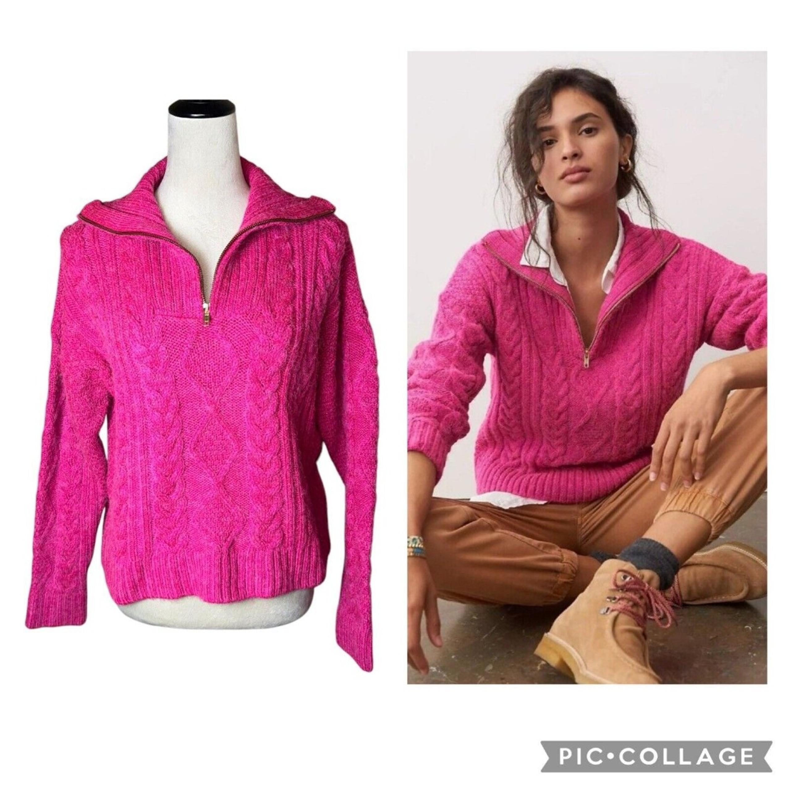 Anthropologie Payton Cable Knit Sweater Fishermen Quarter Zip Pullover Pink Sz S
