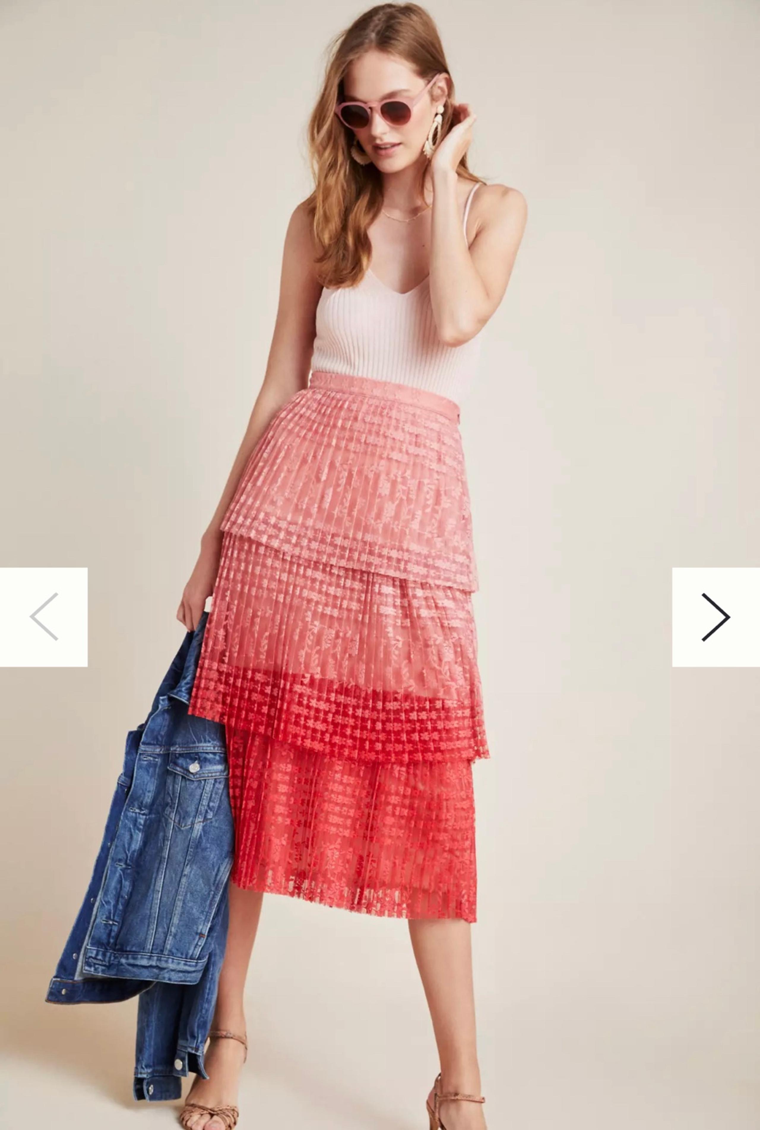 NWOT Anthropologie Maeve Lace Tiered Midi Maxi Ombré Skirt Red Pink Ombre Size 2