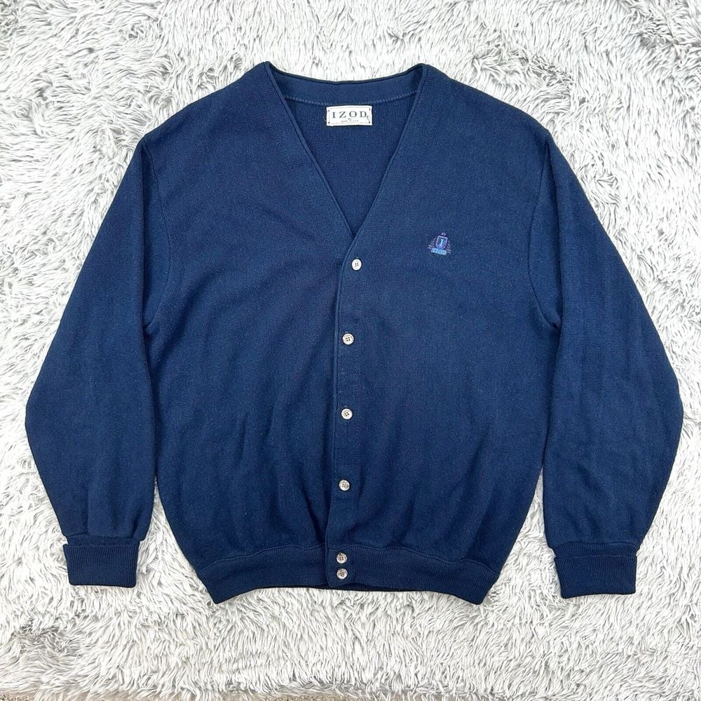 IZOD Cardigan Men's XL Navy VTG Made In USA Mr Rogers Grandpa Cobain