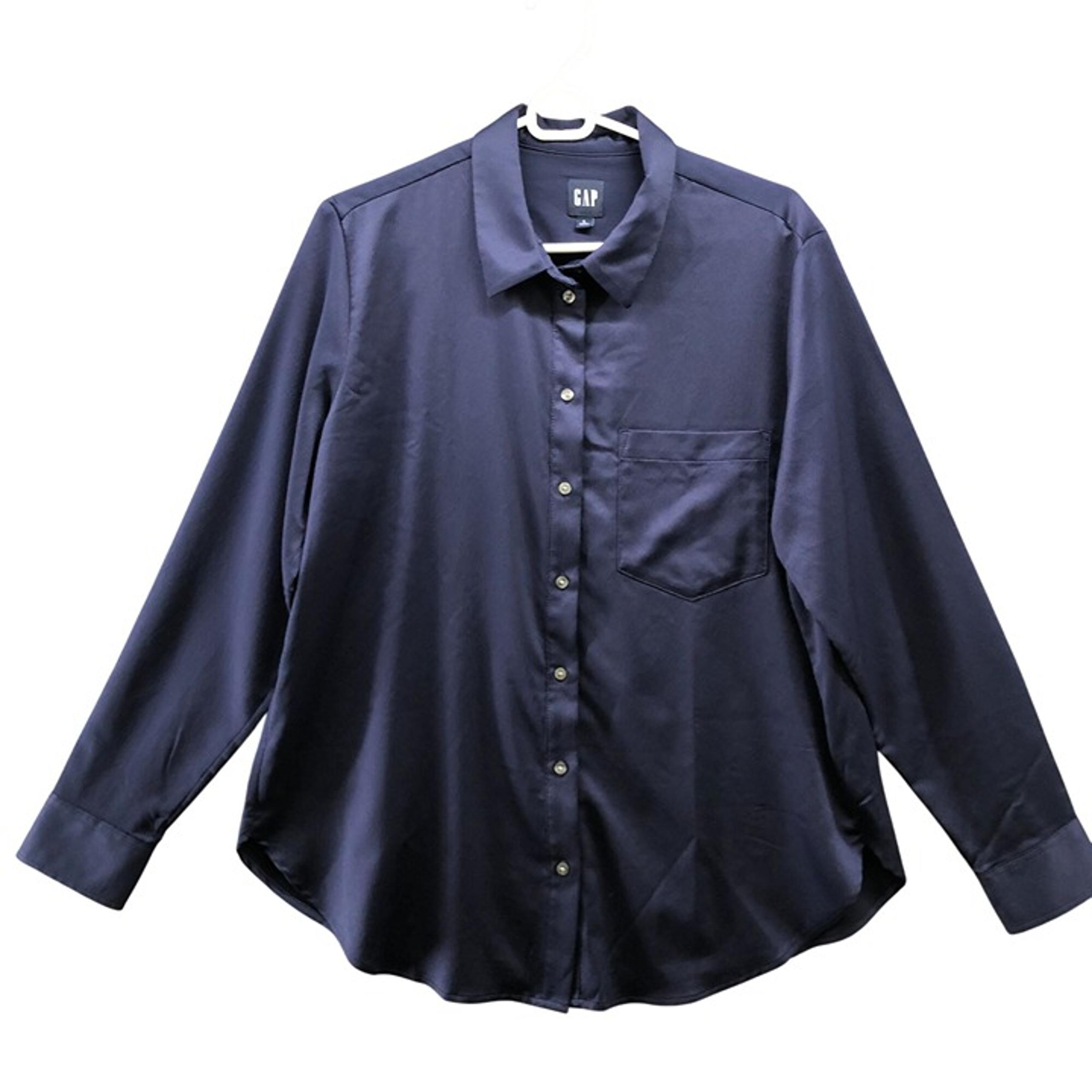 Gap Long Sleeve Satin Shirt Womens L Navy Blue Button Up Pocket Front