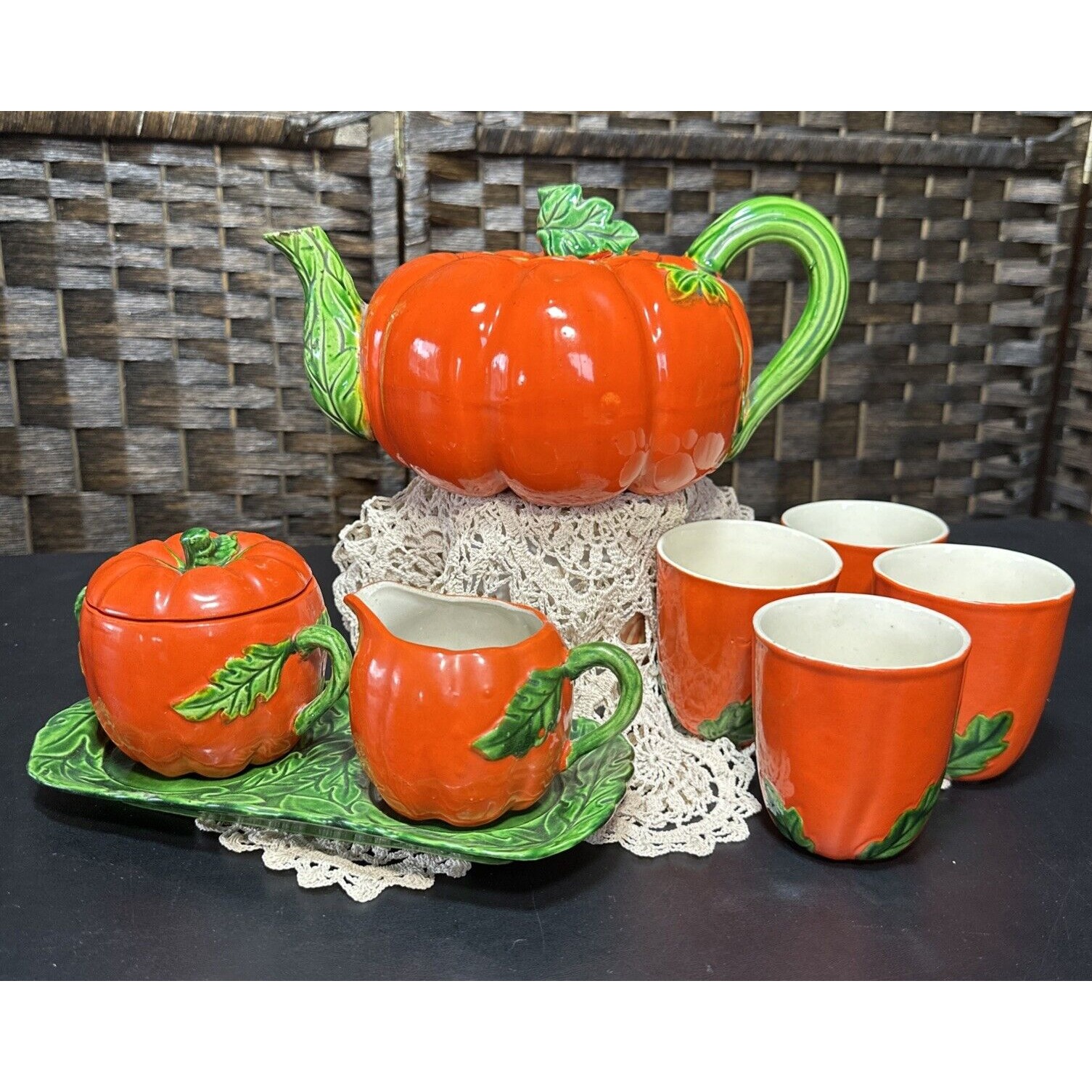 Vintage Tomato or Pumpkin Tea Set, Teapot, Creamer, & Sugar, Japan 1940s