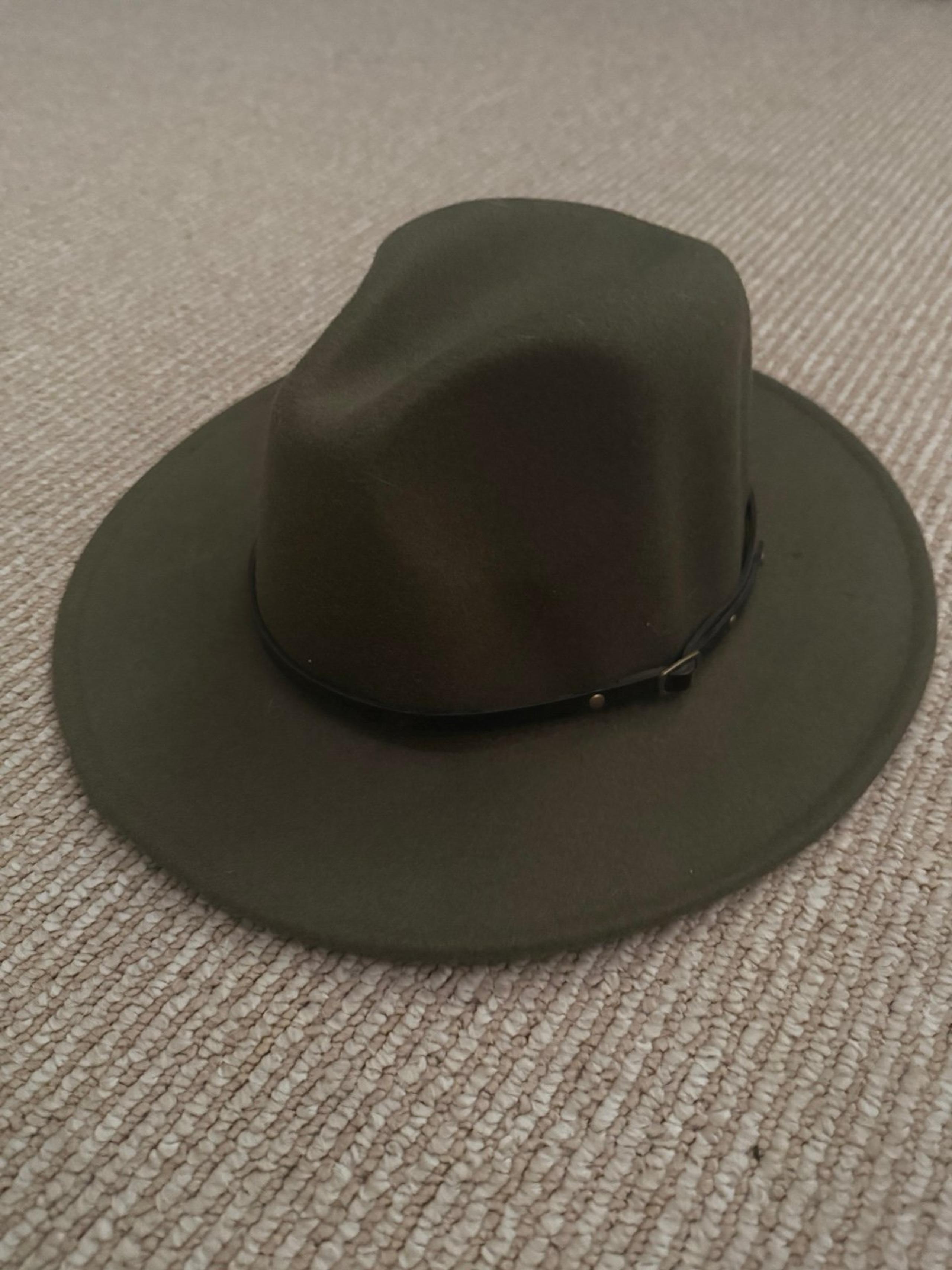 Olive Green Felt Hat with Faux Leather Strap and Gold Buckle