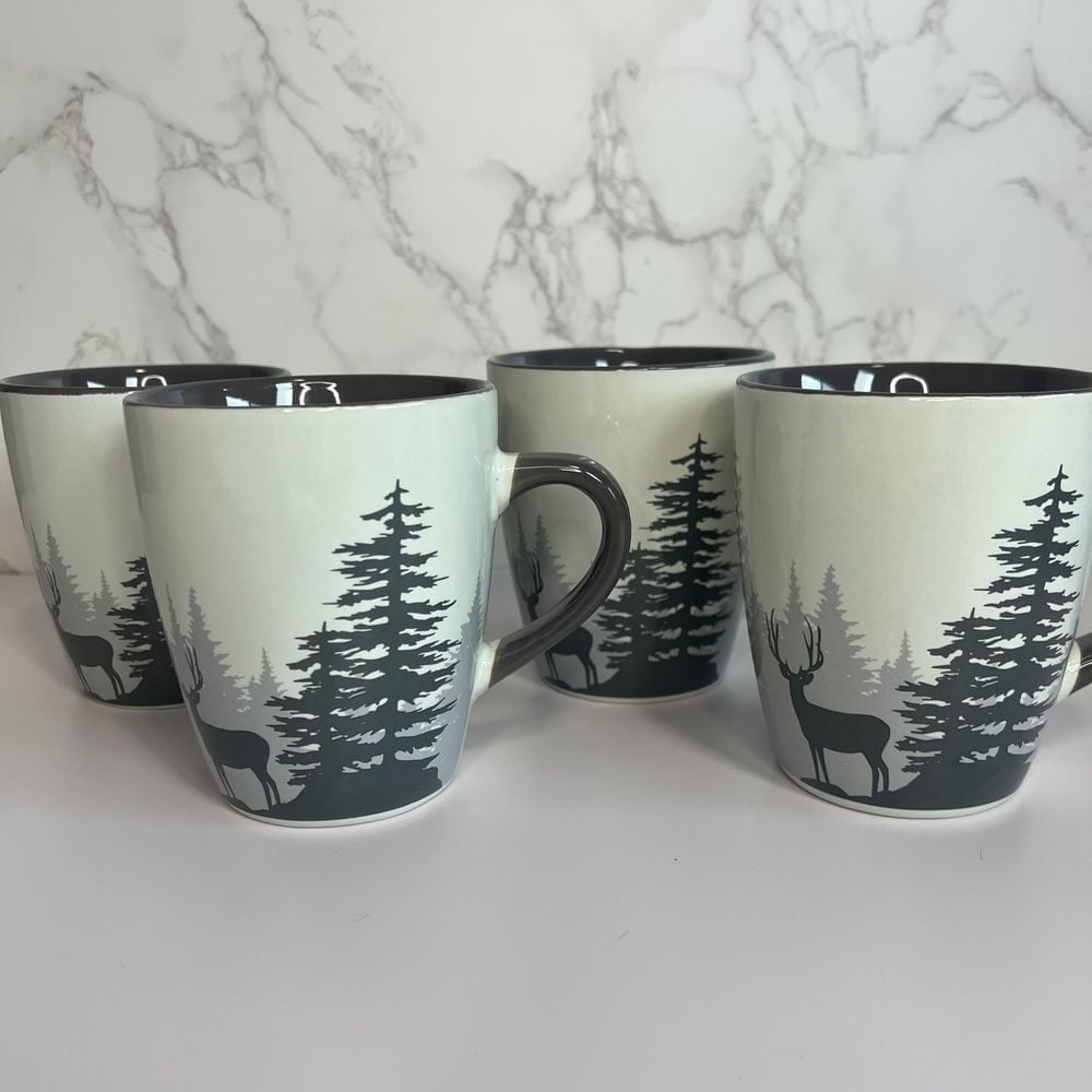 Cabin Lodge Coffee & Tea Mugs - Set of 4 Deer & Forest Design White River Home