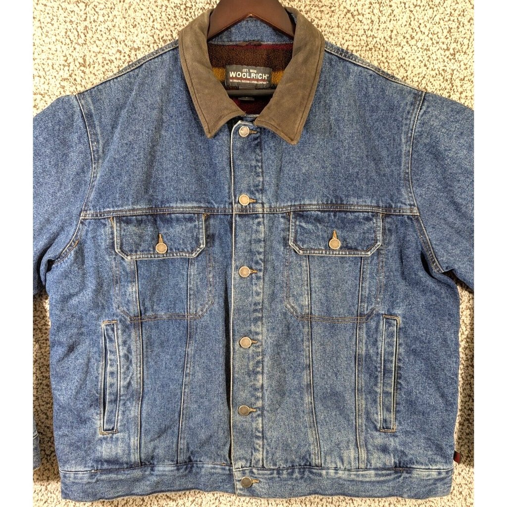 Vintage Woolrich Mens Jacket Size XL Denim Blanket Lined Leather Top Collar Logo
