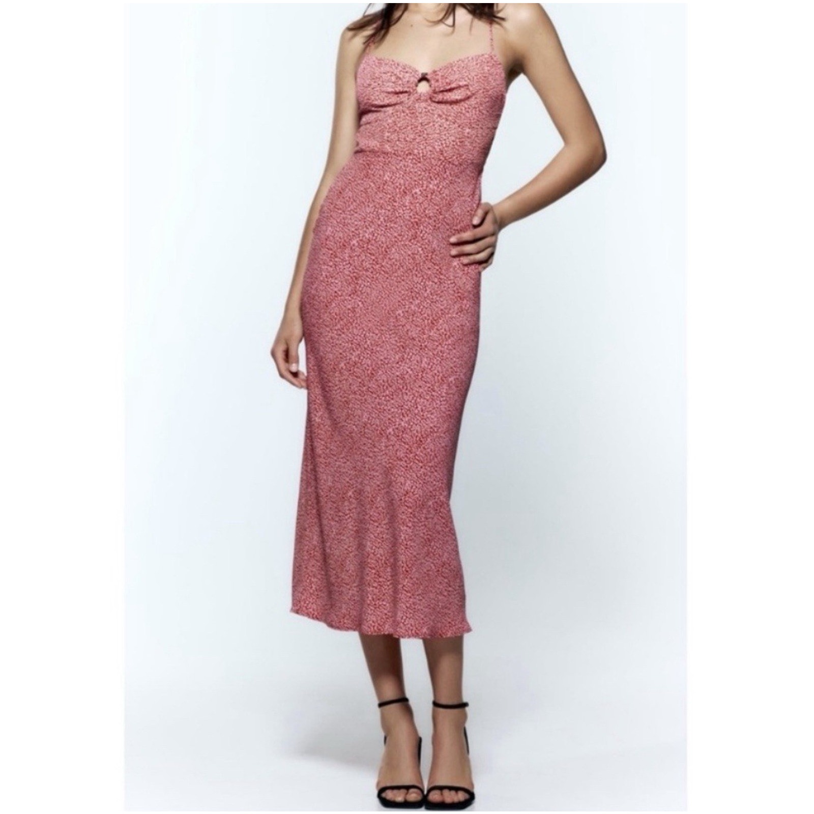 Zara Spaghetti Strap Midi Dress Womens Medium Pink Leopard Cheetah Print