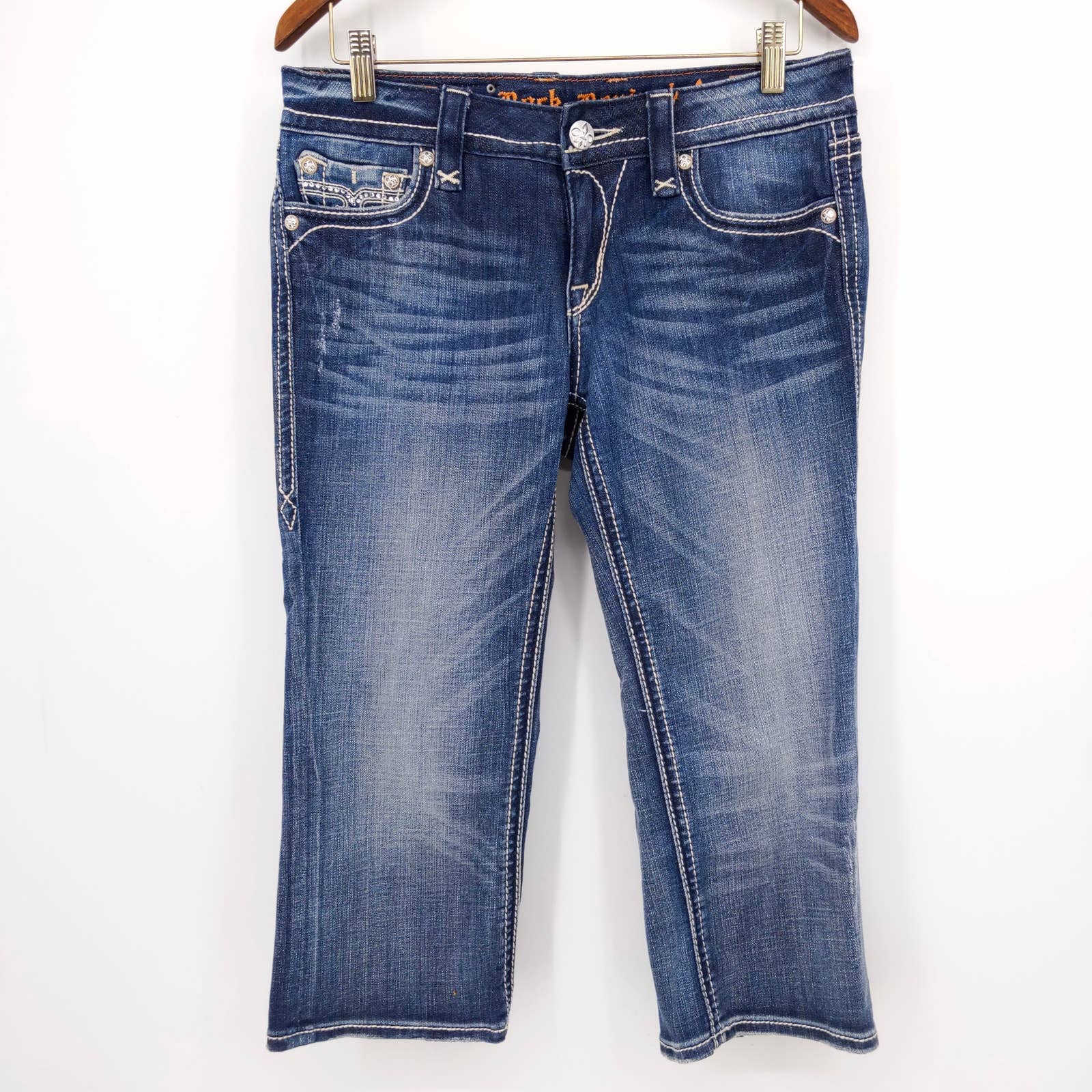 Rock Revival Sora Capri Jeans Bling Rhinestone Pocket 8 Rise Medium Wash Sz 29