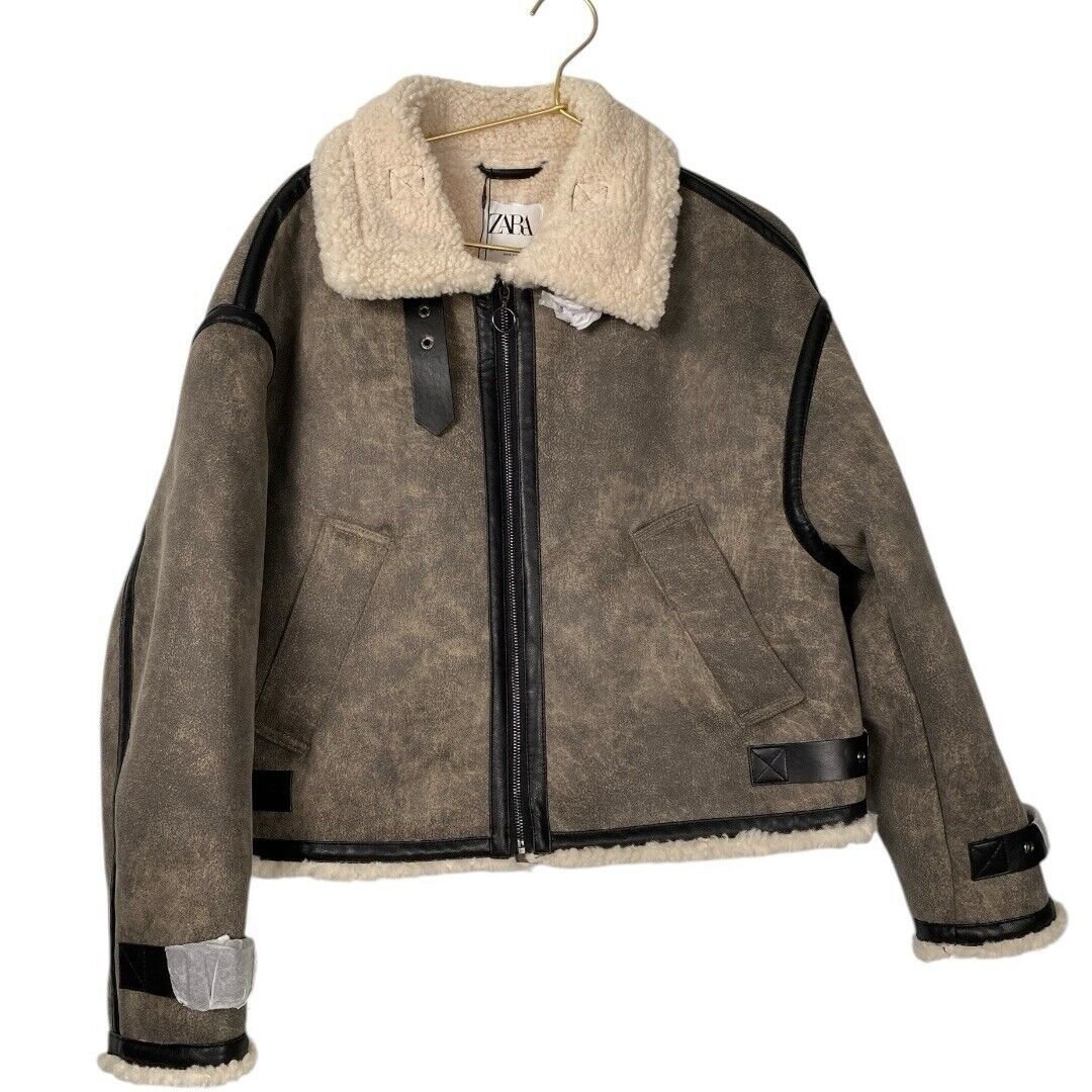 Zara Shearling Double Sided Jacket Brown Made Flight Style Size S WP651