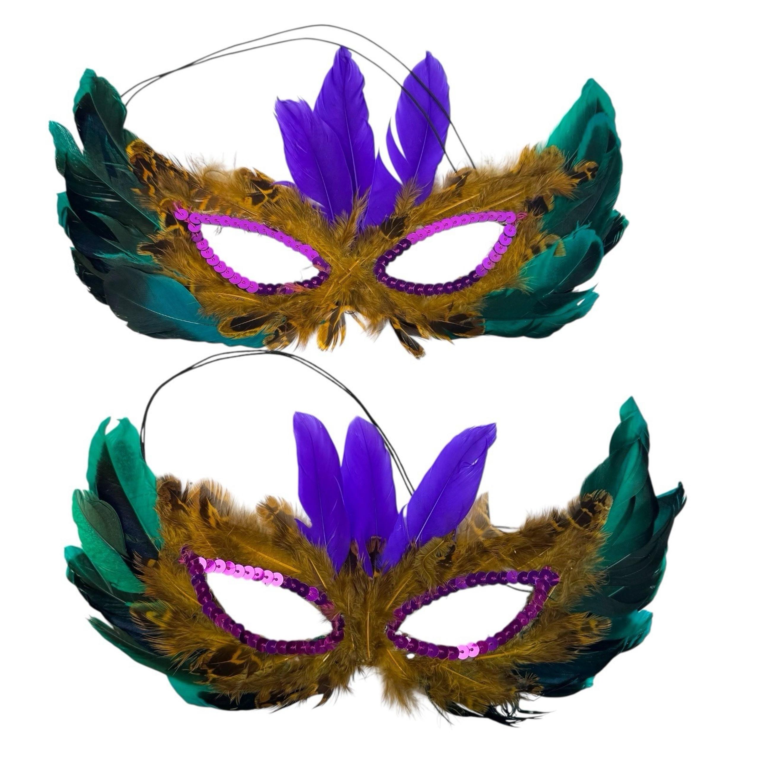 Purple / Teal 2 Feather Masquerade Ball Mardi Gras Halloween Mask Costume A18G