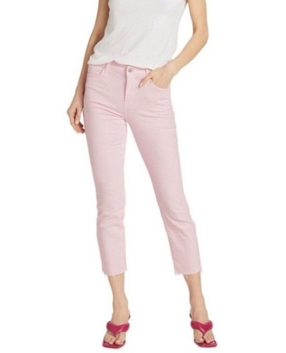 L'Agence Sada Denim High Rise Cropped Slim Fit Raw Hem Jeans Sz 31 Soft Pink
