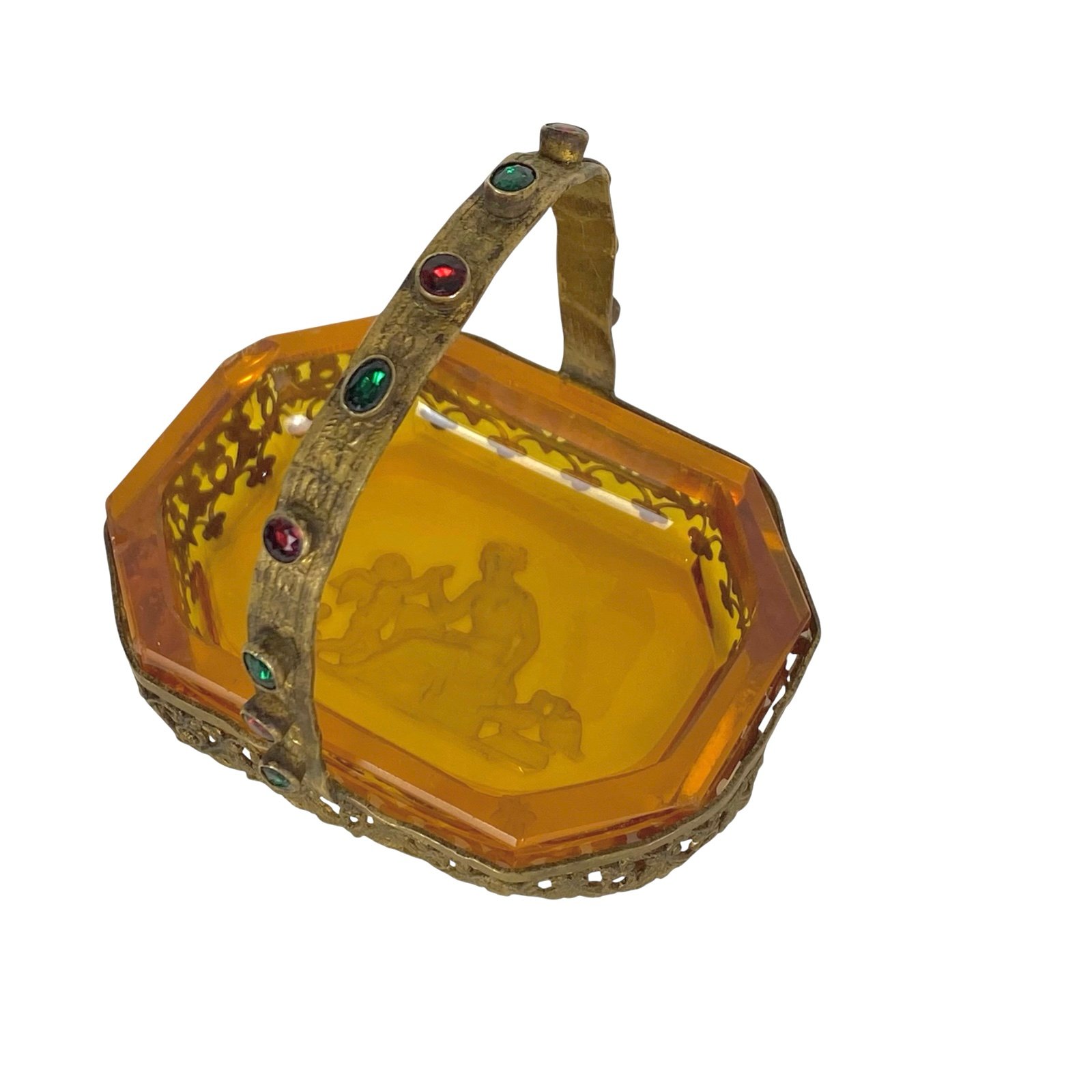 Miniature Metal Basket Colored Stones Amber Cut Glass Insert Cupid Diana 1940s