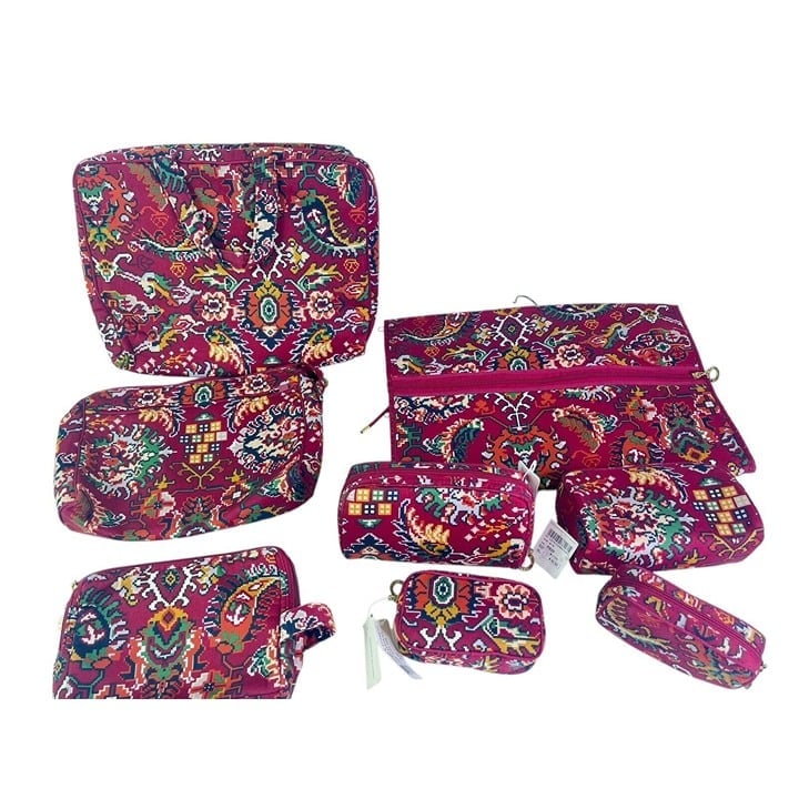 8 Pc Adrienne Vittadini Lot Makeup Travel Bag Red Black Hanging Beauty Case Lot