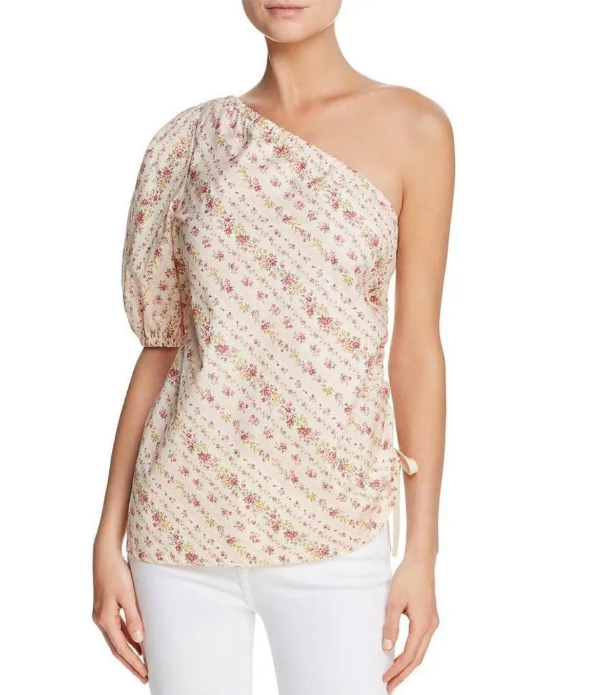 Petersyn Women's Striped Floral One Shoulder Blouse Top Size M 100% Cotton