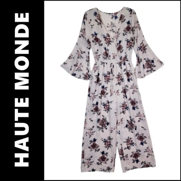 Haute Monde Jumpsuit Size 1X Floral wide Leg Elastic waist Long Sleeve NWT