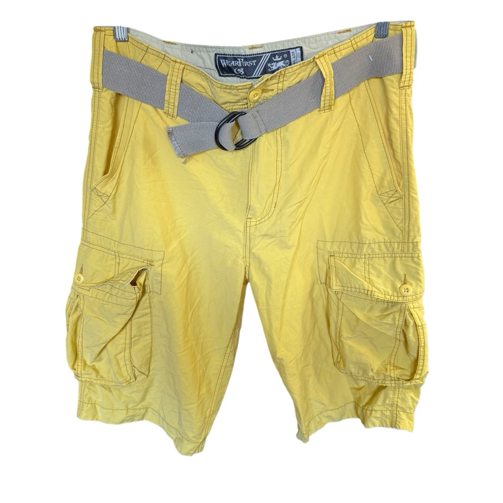 Vtg Y2K Wearfirst Shorts Men's Cargo Yellow Belt 34 NWT Gorpcore Blokecore Prep
