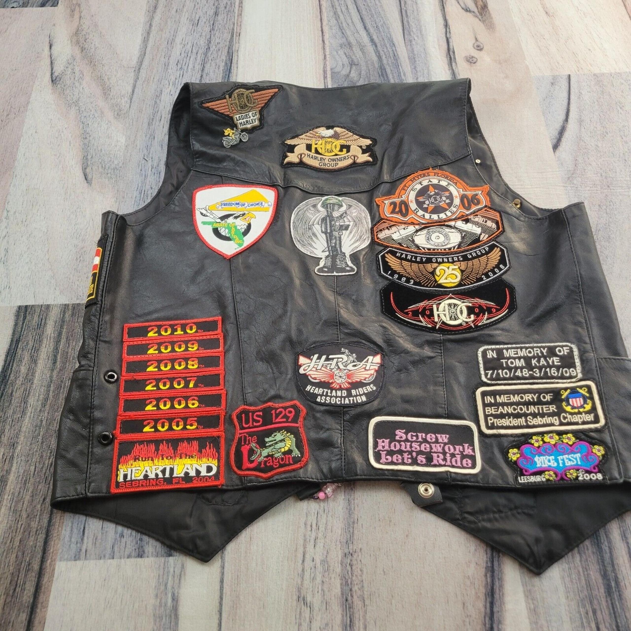 Biker Vest Womens XL Black Genuine Leather HOG PINS Patches Harley H-D FL Lady
