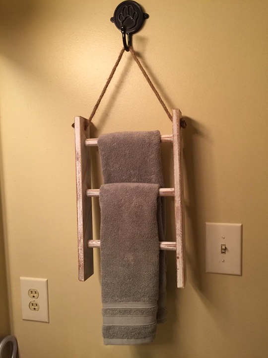 Decorative 3-tier torched wood hand towel storage ladder with 3 bars and rustic