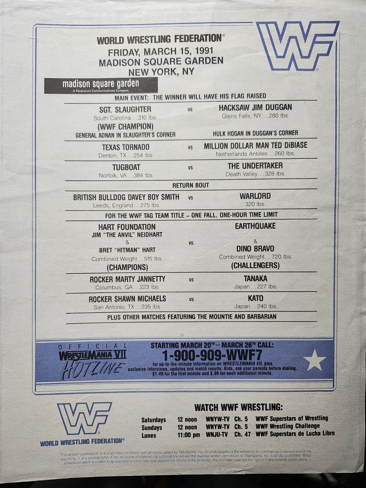 March 15 1991 WWF Wrestling Lineup Sheet Card Pre Wrestlemania 7 MSG Slaughter