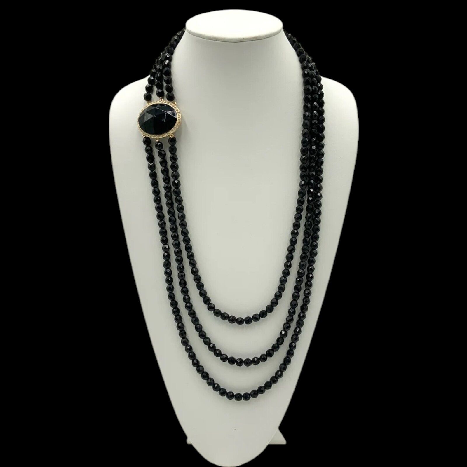 Vintage 80's Richard SERBIN Gold Tone Jet Black Bead Necklace Triple Layered