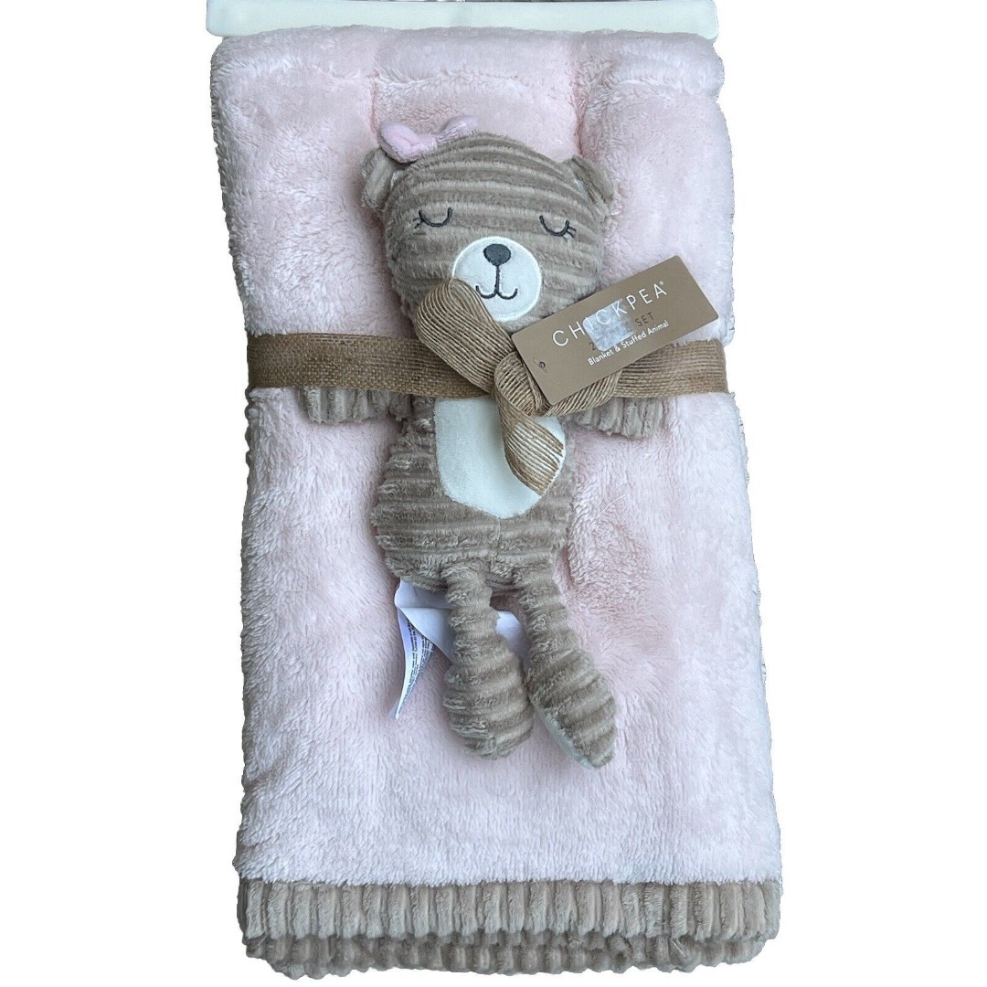 Chick Pea PINK Baby Blanket Set Teddy Bear Toy Beige Ribbed Trim Sherpa New