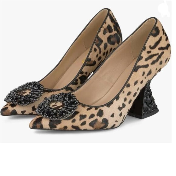 YDN Leopard Studded Buckle Rhinestone Slip On Crystal Chunky High Heels Pumps