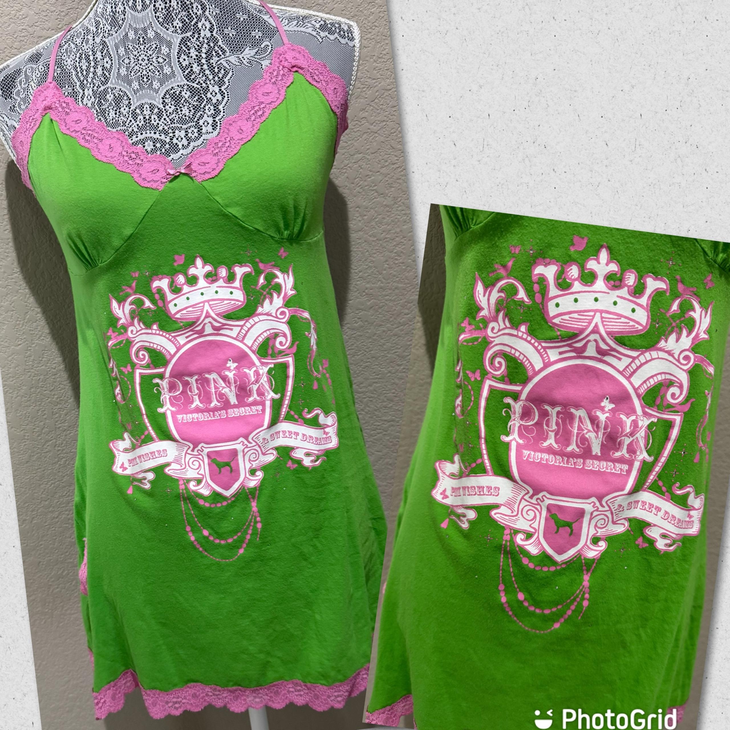 Y2K Vintage Victoria’s Secret PINK Logo V neck Lace Bling Sleepshirt size Large