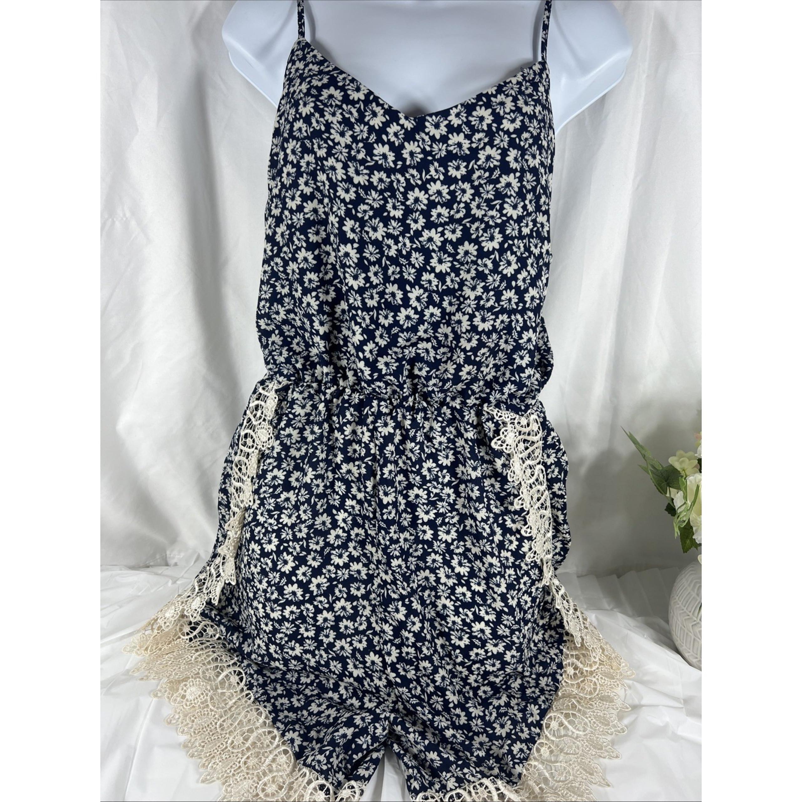 Poetry Jumpsuit Juniors Large Blue Floral V-Neck Sleeveless Belted Rayon Casual