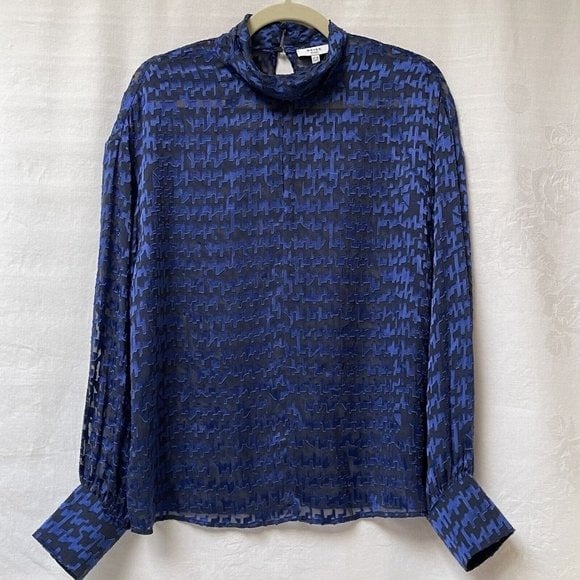 Reiss Tilly Silk Blouse Womens 6 Cobalt Blue Sheer High Neck Classic Wedding