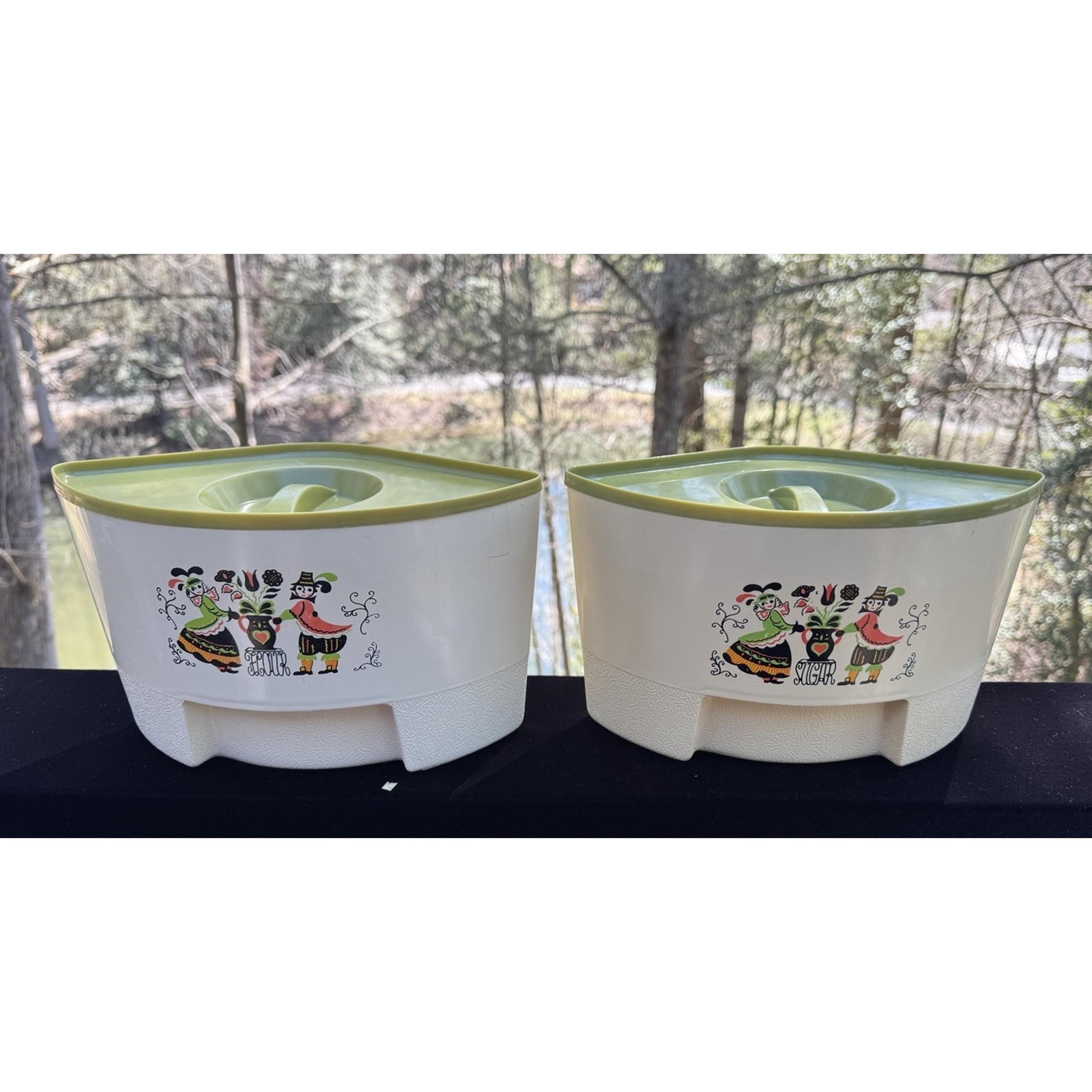 2 Vintage 1960’s Steri-Lite Retro Dutch Design Canisters Avocado Color Lids - Sterilite