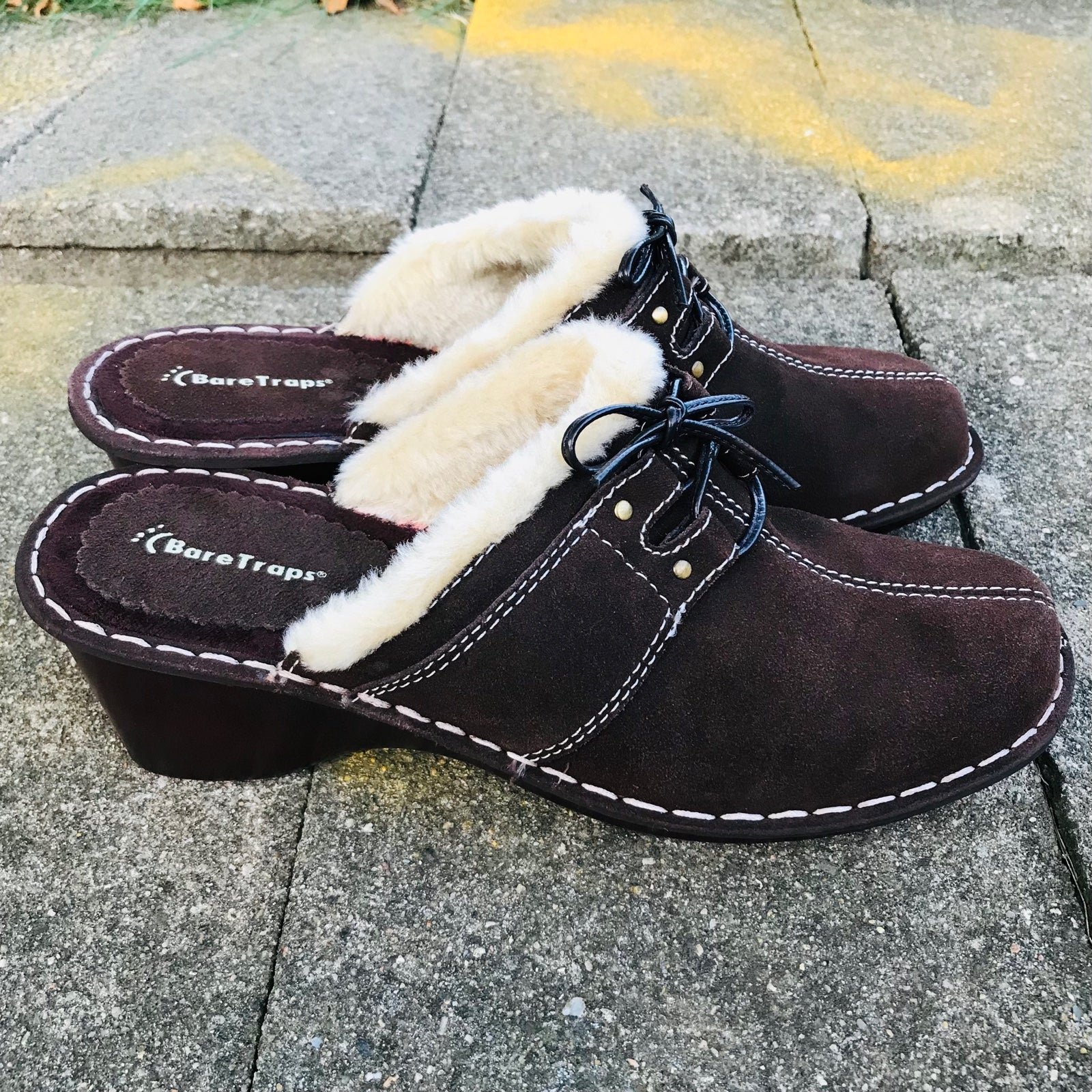 Baretraps Women Decoy Brown Suede Faux Fur Trim Slip-On Heel Mules Clogs 9
