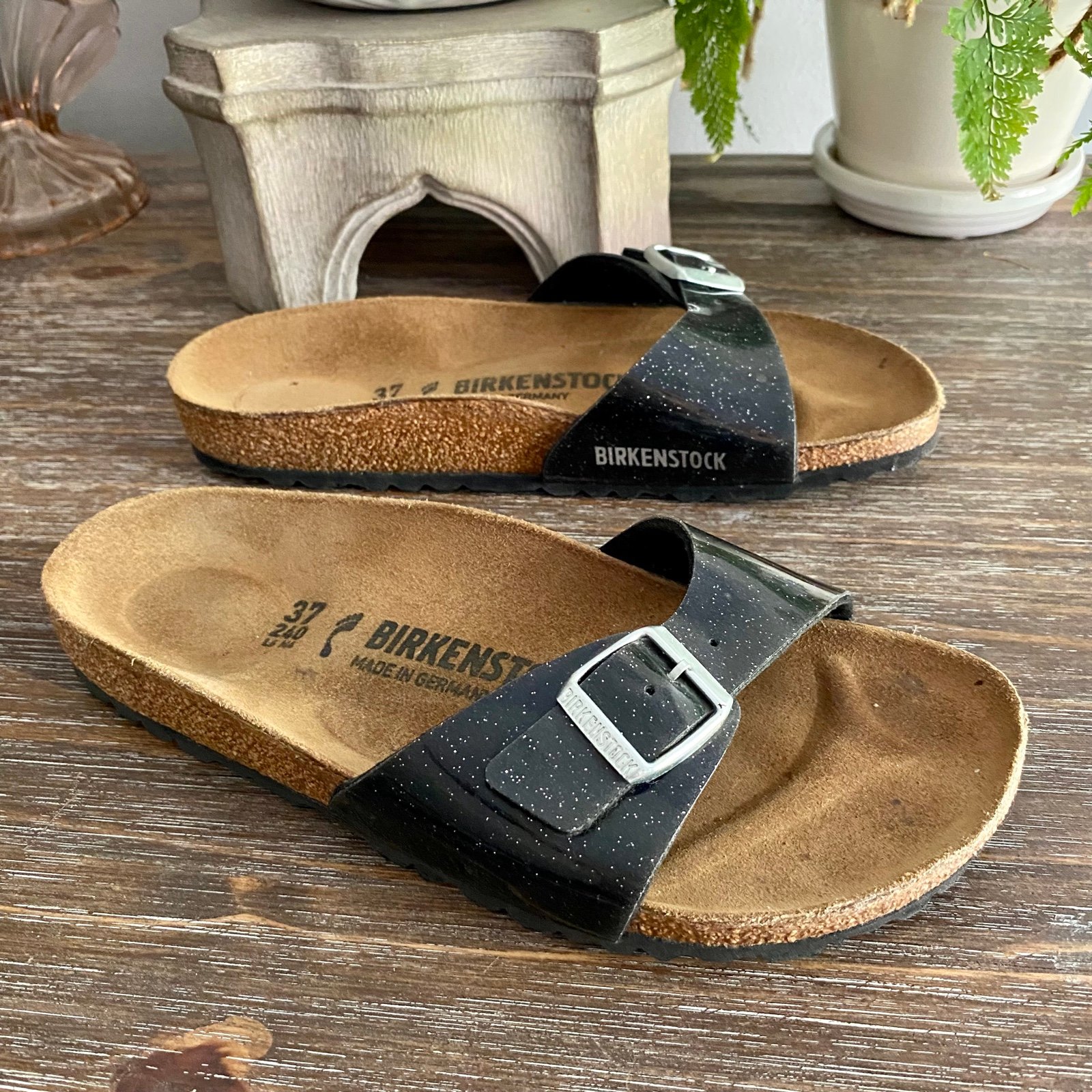 BIRKENSTOCK Madrid Birko-Flor Single Strap Sandal Slides Black Sparkle US6 - 6.5
