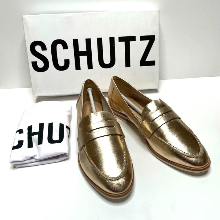 NIB SCHUTZ WOMENS METALLIC GOLD LEATHER PENNY LOAFERS SZ 6