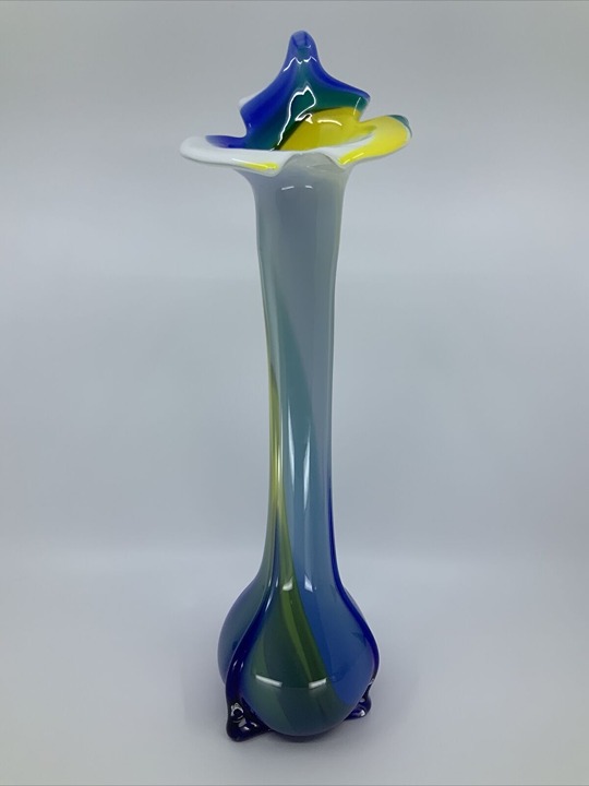 VTG Hand Blown Art Glass Jack In The Pulpit Vase White Blue Yellow Swirl 15 3/4