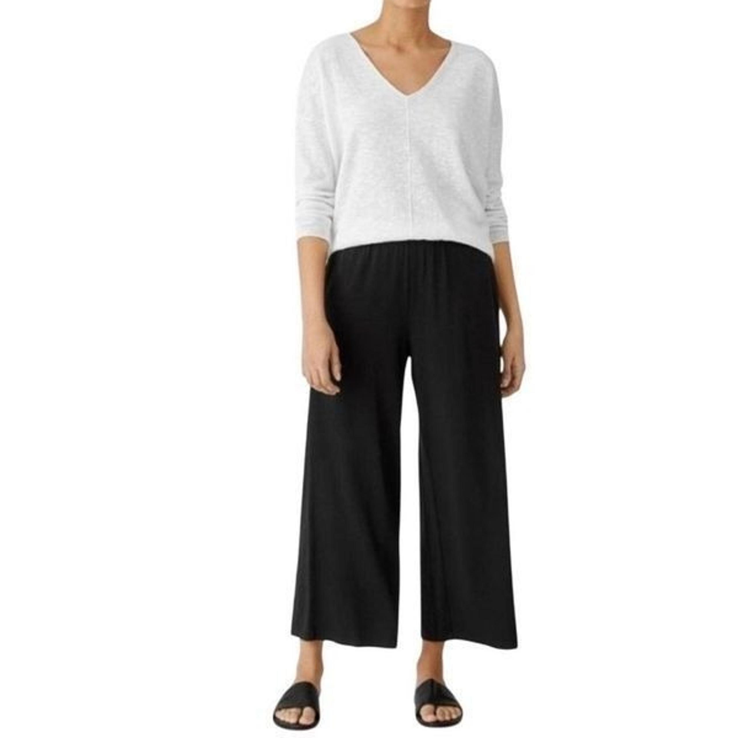 Eileen Fisher Women's High Waisted Wide Leg Cropped Black Trousers Women's L