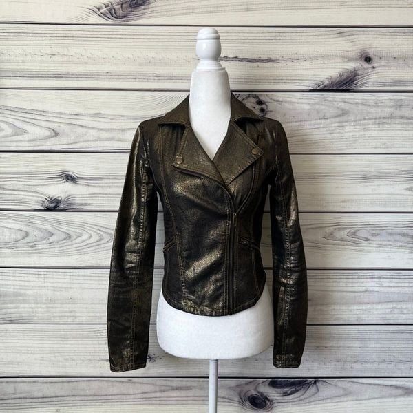 Rock & Republic Gold & Black Metallic Fitted Motorcycle Jacket