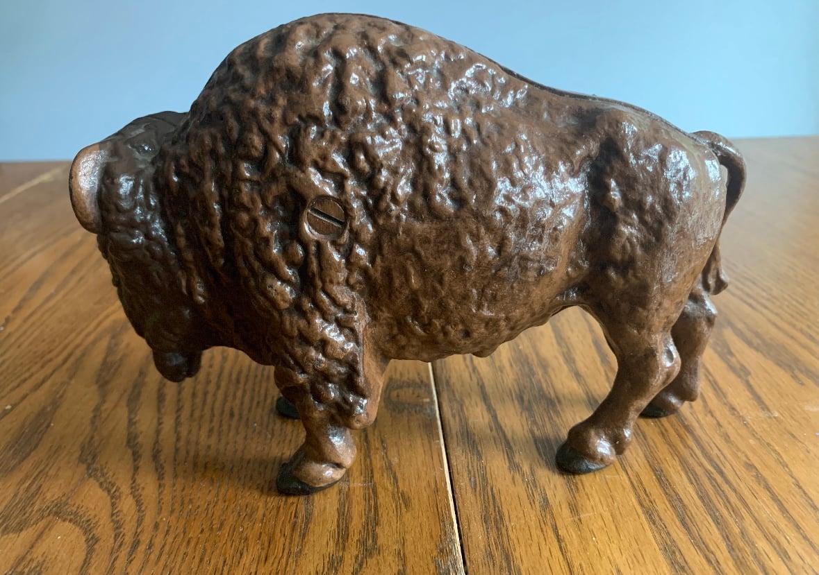 Vintage cast iron Buffalo Coin Bank