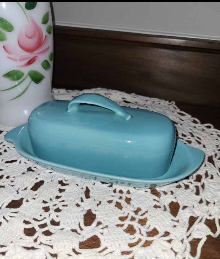 VTG Casual California Kilns Pottery Vernonware Turquoise Blue Butter Dish/Lid