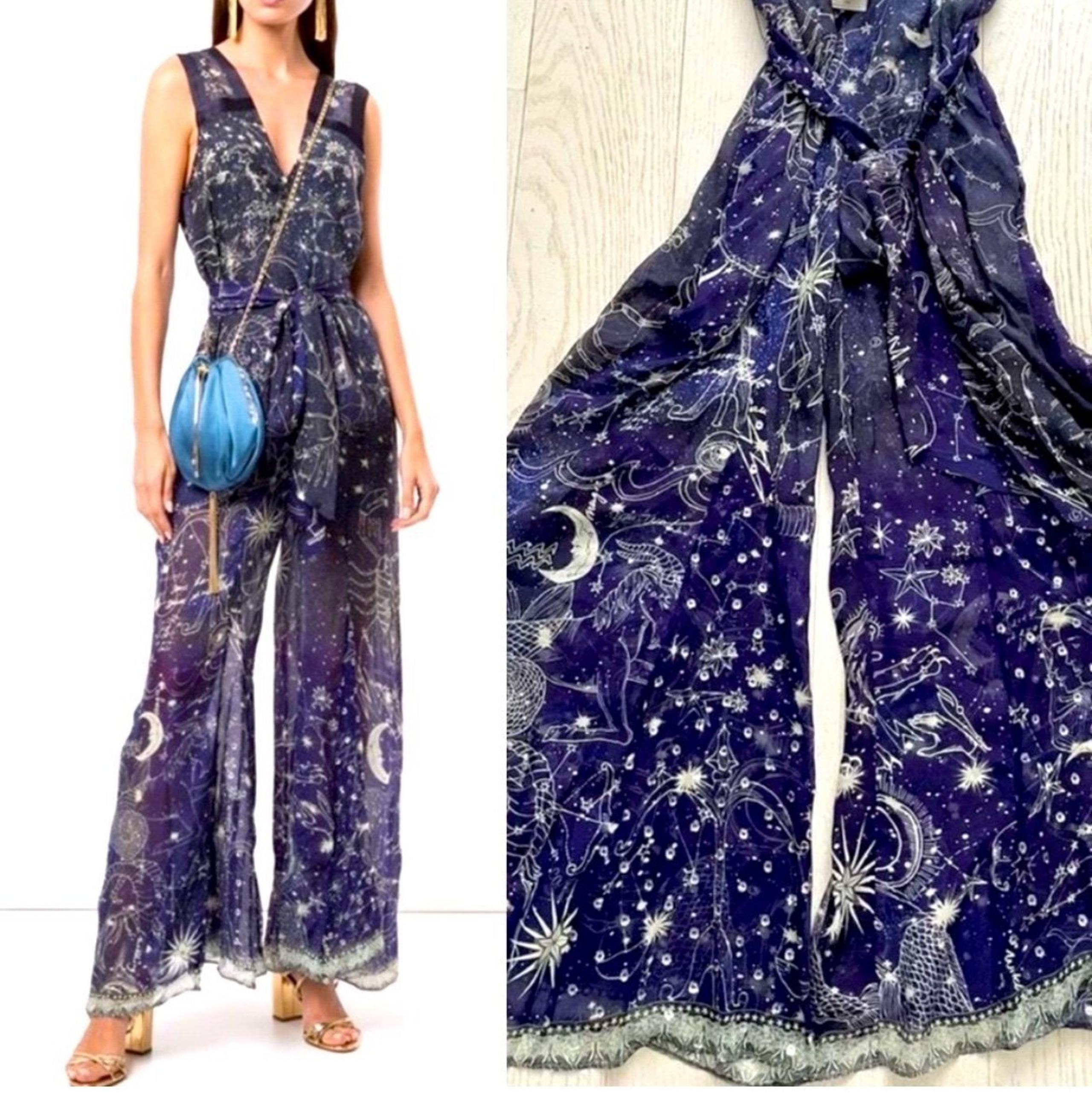 Camilla Silk Cosmos Rhinestone Embellished Silk Pant Jumpsuit, Astrology Space