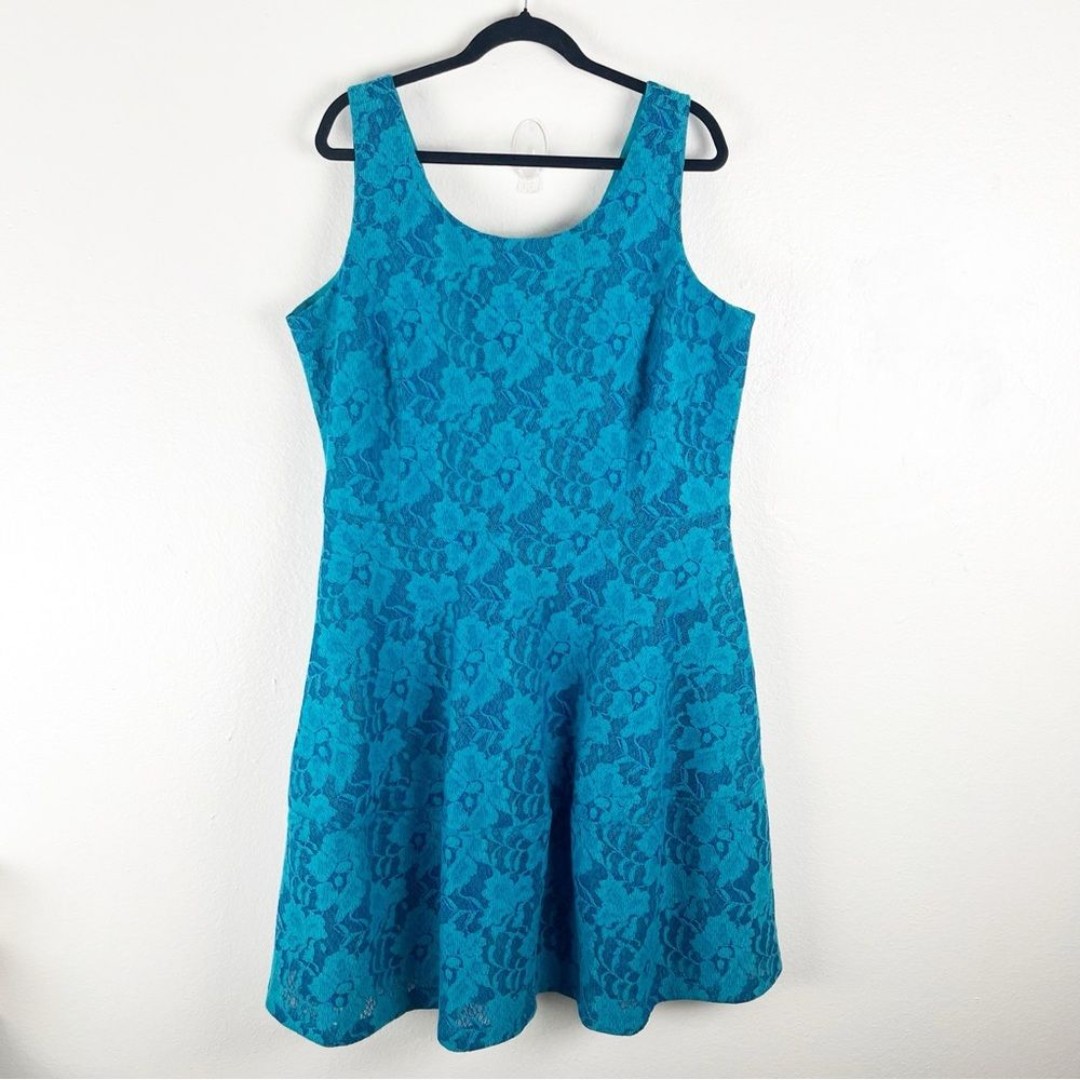 CALVIN KLEIN Teal Lace Overlay Lightly Please Lined Back Zip Closure Dress 18W