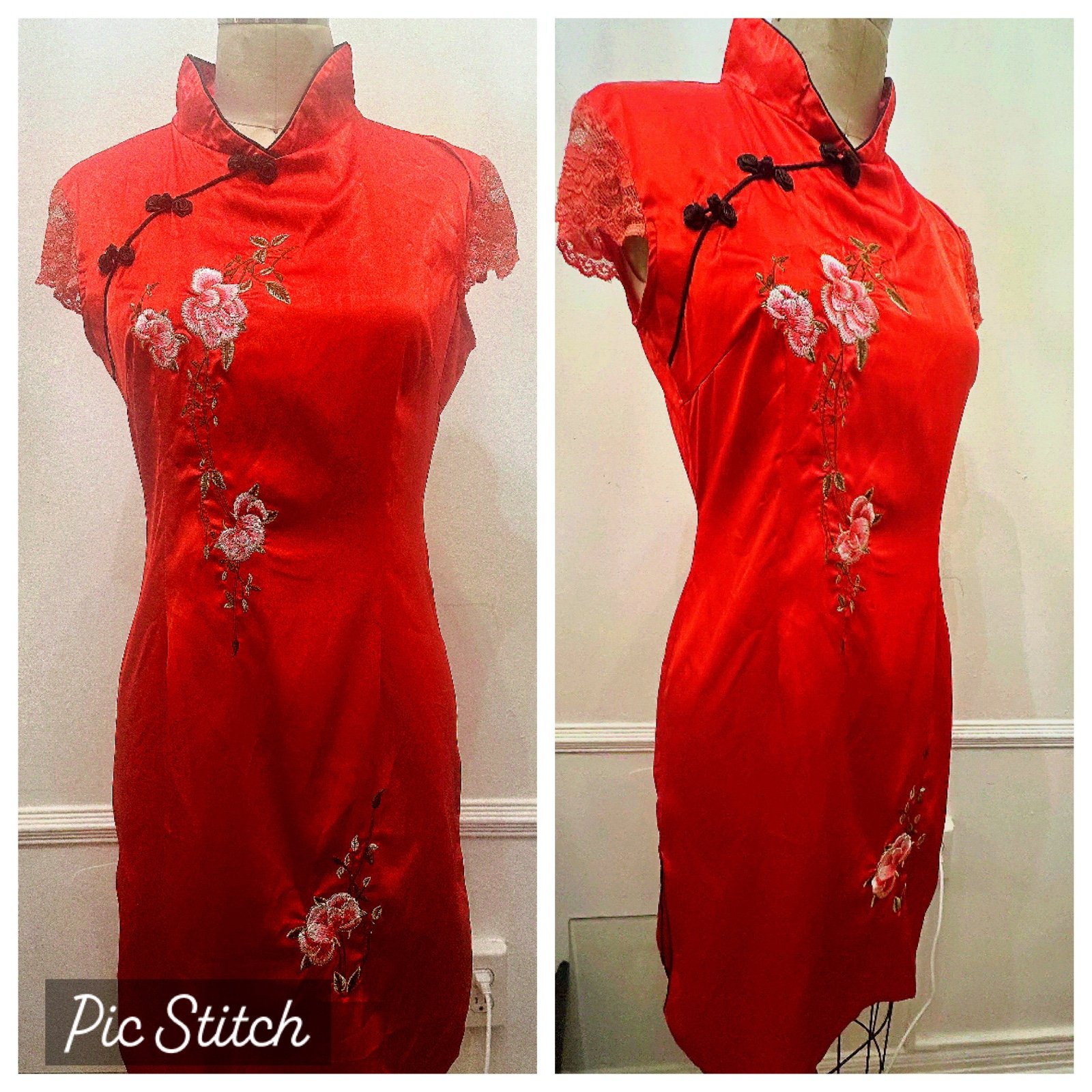 Vintage 1940s Red Cheongsam traditional Chinese dress hand embroidered