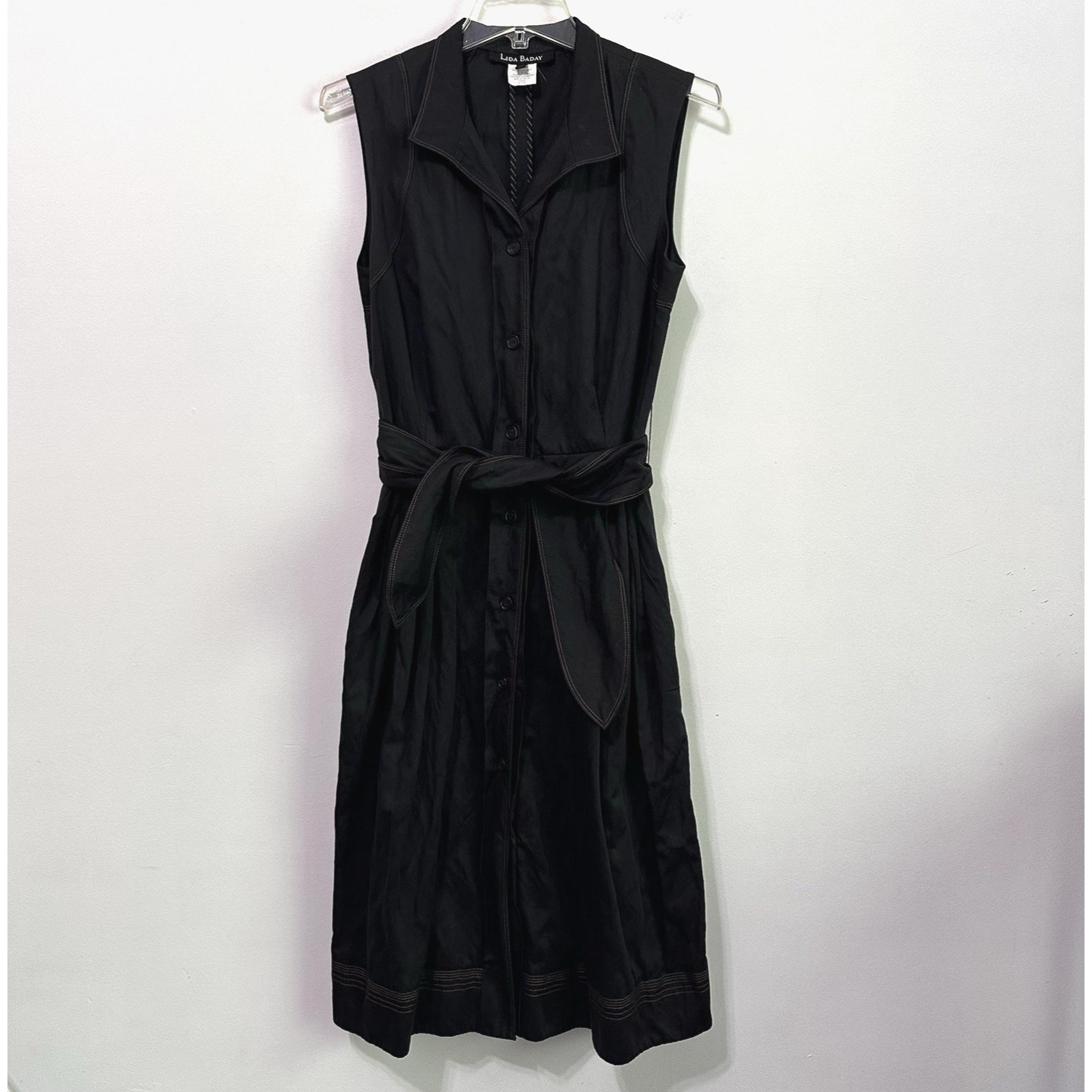 Lida Baday Dress 10 Black Button Front Sleeveless Belted Pockets Retro Classic