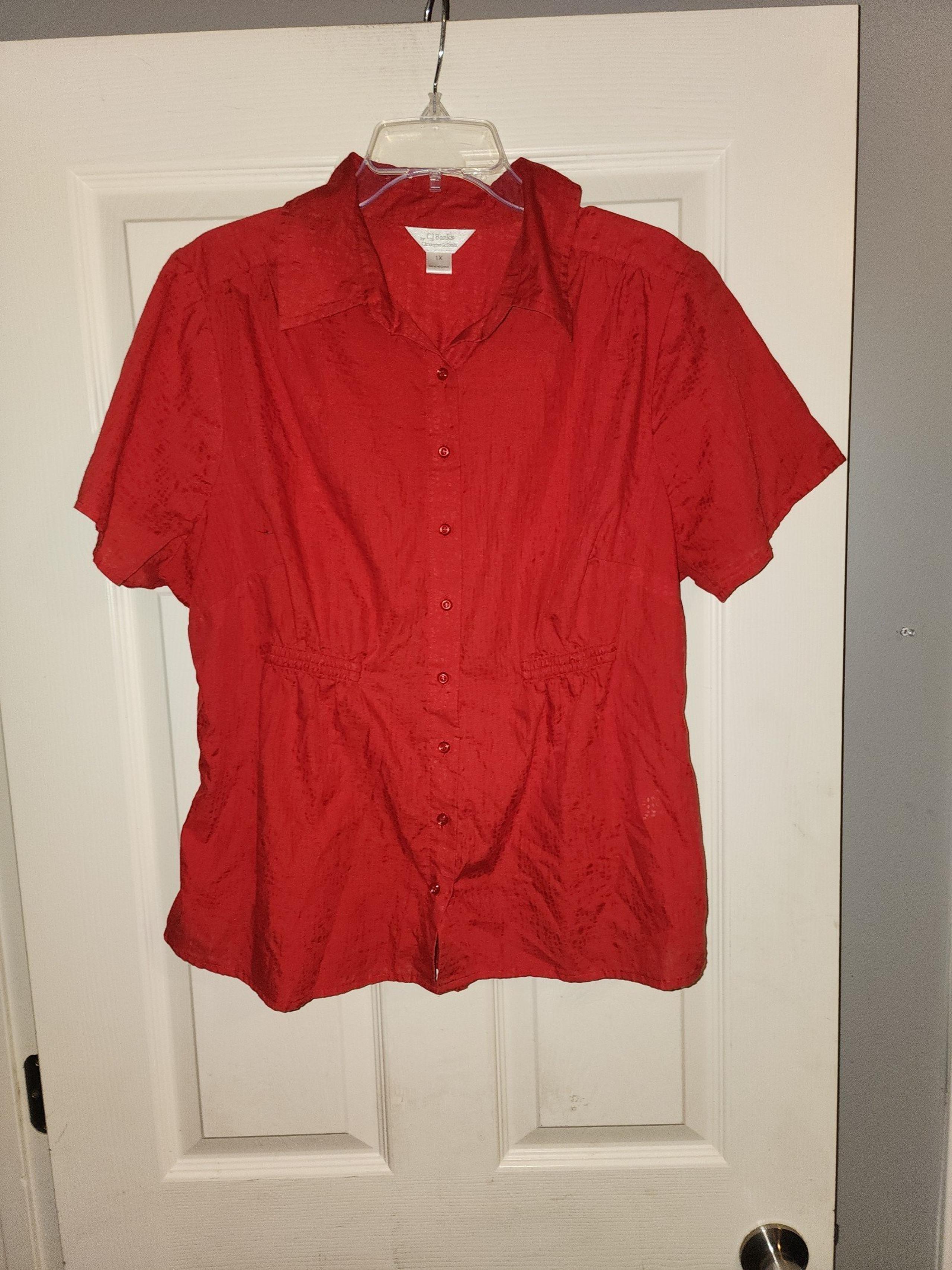 CJ Banks red short sleeve button up shirt womens plus size 1X #4B
