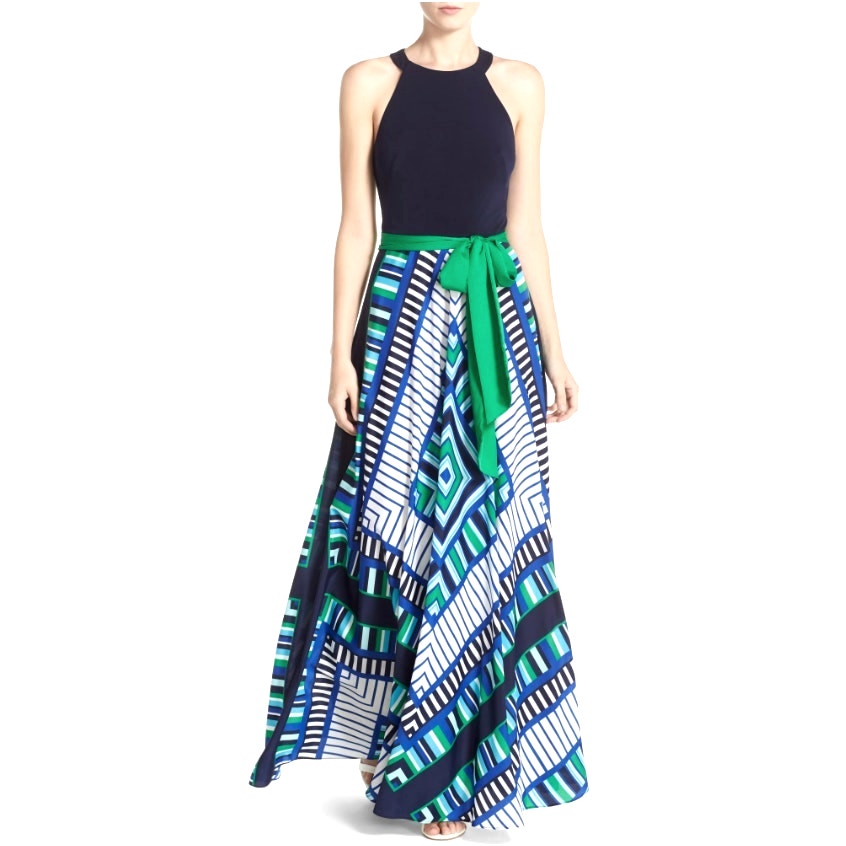 NEW! Anthropologie 12 Eliza J Scarf Print Jersey Crêpe De Chine Maxi Dress Blue