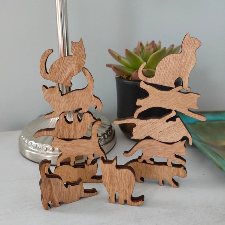 Stack the Cats! Cat lover gift. Bag of twelve mini wooden cats