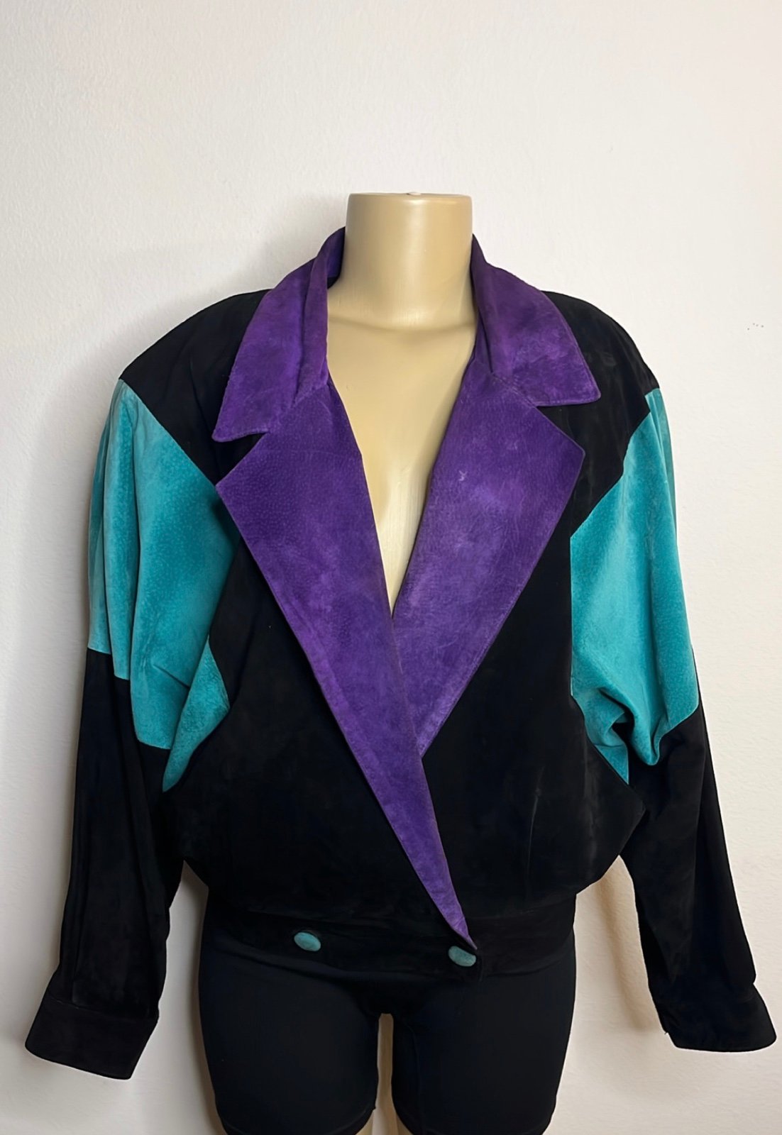 Vintage Deja Vu Color Block Leather Suede Dolman Sleeve Jacket Black Purple Teal