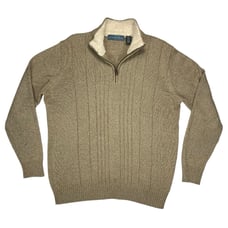 Oscar De La Renta Sweater Mens Large Brown Half Zip Knit Sherpa Collar Pullover